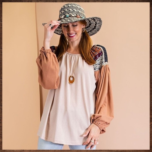 EASEL Tribal Aztec Print Silky Balloon Bubble Sleeve Top Jersey - T-Shirt Bodice - Picture 9 of 12